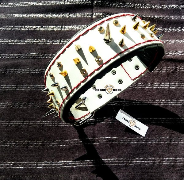 "FORCE DOGS®" -Eleganz- Halsband Sattlernaht mit Spitznieten Weiß